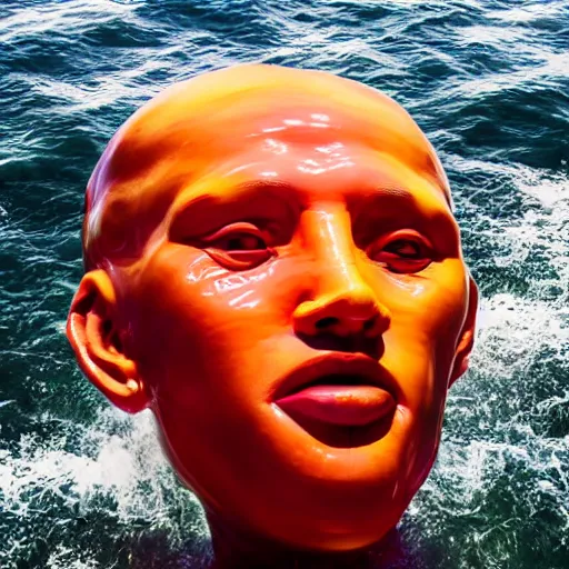 Image similar to a giant human head sculpture in the sea made out of juicy and transparent colorful jelly, long shot, hyper detailed, hyper realistic, ray tracing, 8 k resolution, sharp focus, realistic water, award winning