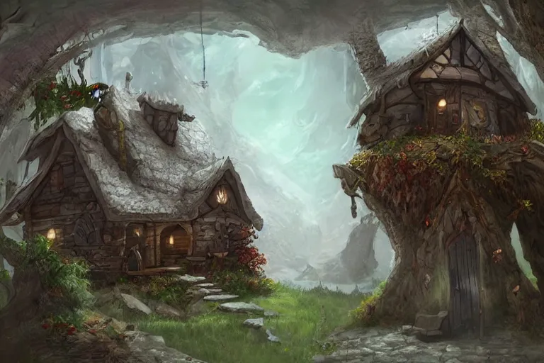 Image similar to A wizards cottage deep in the faywild, D&D concept art, artstation