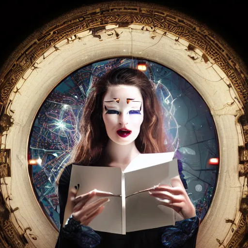 Image similar to a beautiful intricate fine art portrait photo of a happy mechanical futuristic cybernetic humanoid reading a letter of admission held in her hands, by natalie shau and zach sutton, eyes light up, happiness!, perfection!, studio lighting, golden ratio composition, 50mm lens, bionic, cybernetic scifi, deep depth of field, artstation, 8K