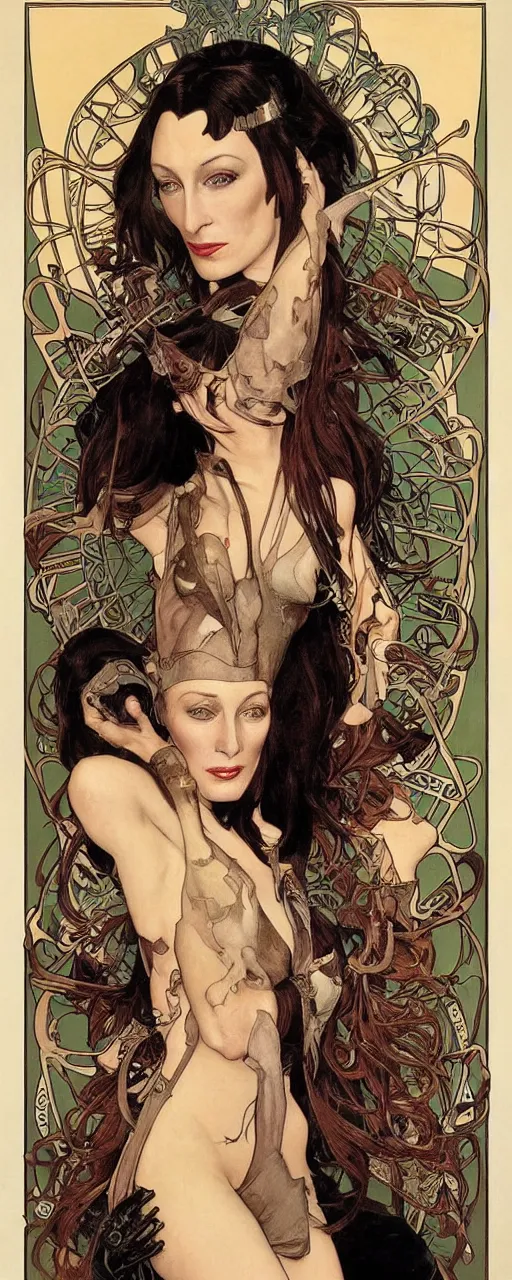 Image similar to striking sensual cartoon art nouveau style portrait of anjelica huston as an industrial crustpunk rebel soldier by glenn fabry, simon bisley and alphonse mucha, photorealism, extremely hyperdetailed, perfect symmetrical facial features, perfect anatomy, ornate declotage, spikes, latex, excited expression, wild eyes