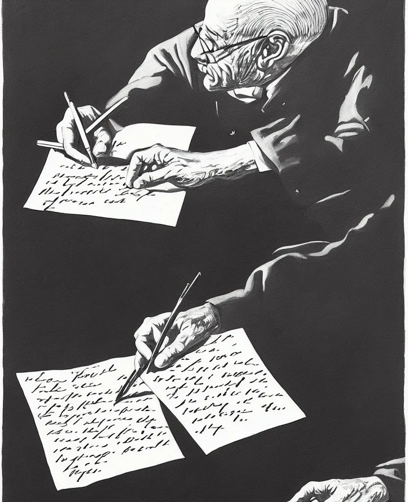 Image similar to a beautiful painting of a hand writing a letter with wwii in background, black and white, painted by escher