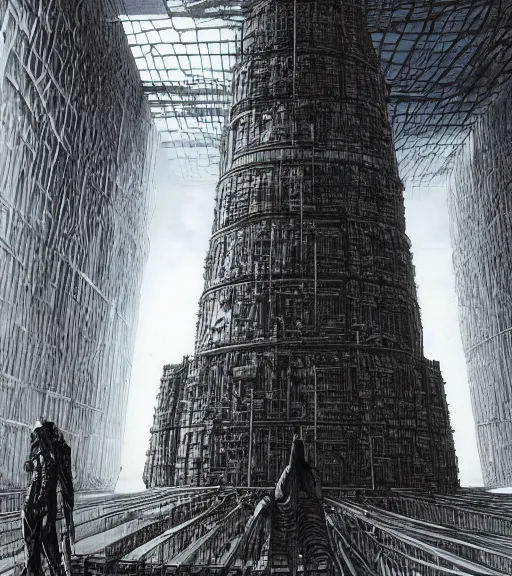 Image similar to tarkovsky scene, epic ancient tower of babylon below a woman in transparent cyber clothing, hyperrealistic, blame, manga style, by tsutomu nihei, cyber architecture, concept art, hyper - detailed, smooth, masterpiece, epic, cinematic, high quality