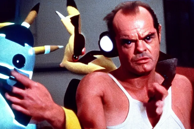 Image similar to Jack Nicholson plays Pikachu Terminator, scene where his inner endskeleton is visible and his eye glows red, still from the film