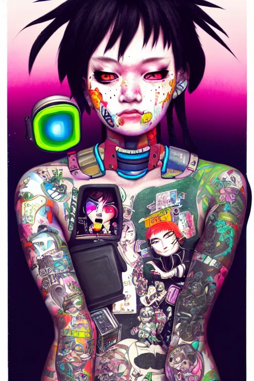Image similar to full view, from a distance, of anthropomorphic trashcan who is cyberpunk girl with tattoos playing video games, style of yoshii chie and hikari shimoda and martine johanna, highly detailed
