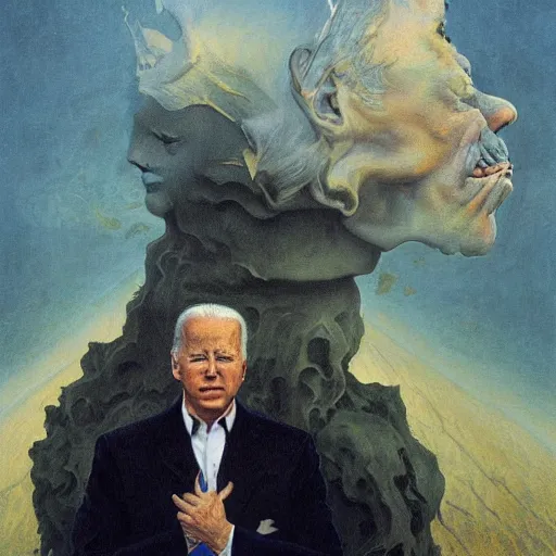 Image similar to terrifying, surreal portrait of joe biden standing up to his shoulders in turbulent, shadowy water by j. c. leyendecker, bosch, william blake, stephen gammell, jon mcnaughton, and beksinski