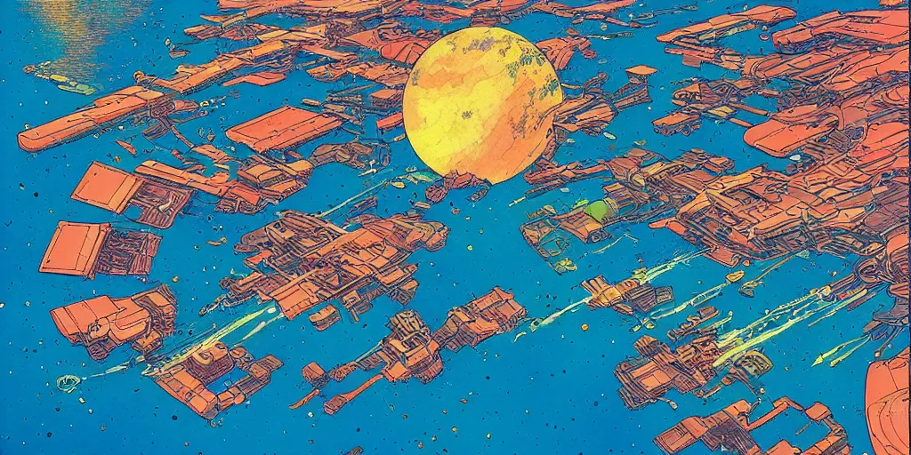 Prompt: colourful illustration of space. a floating settlement in centre. moebius. science fiction art. detailed digital painting.