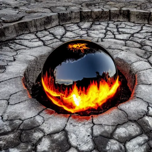 Prompt: A giant shiny black sphere, crashed in the ground, cracks, gas fire, viewed from the side, hd photograph