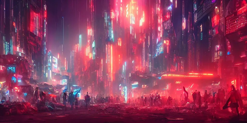 Prompt: fantasy futuristic dystopian cityscape with crowds of people, digital artstation painting, cyberpunk wallpaper, diffused lighting, with red and blue neon ambient lighting, fog, trash and dumpsters in a nearby alley, made by tae young choi and dang my linh, 8 k dop dof hdr