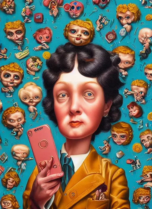 Image similar to people see a smartphone as a trash Mark Ryden and Alex Gross, Todd Schorr highly detailed