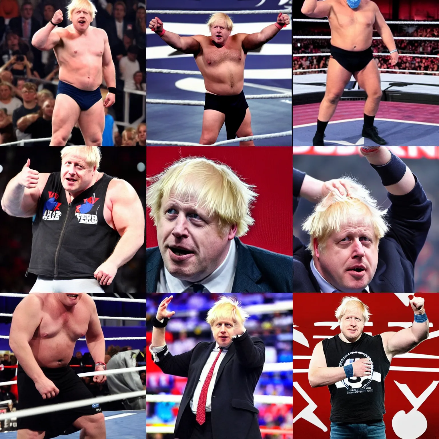 Prompt: boris johnson as a muscular wwe wrestler with a cap. he us holding his open hand high and hiding his face with his hand
