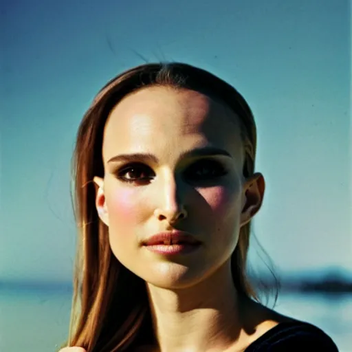 Image similar to headshot of Natalie Portman cosplaying as Nami from One Piece standing on a beach, cosplay, close up, photo by Sarah Moon