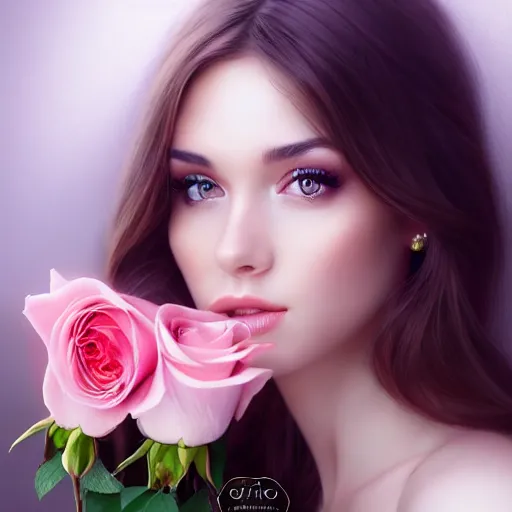 Image similar to a gorgeous female photo, professionally retouched, soft lighting, holding a bouquet of roses, realistic, smooth face, perfect eyes, wide angle, sharp focus on eyes, 8 k high definition, insanely detailed, intricate, elegant, art by artgerm