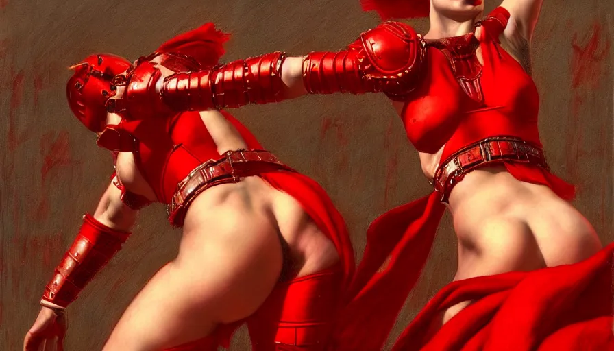 Image similar to only with red, an armored female gladiator in a crowded roman amphitheatre, crowd cheering, in the style of rolf armstrong and ambrosius benson and edward hopper and and rodcenko, intricate and epic composition, red by caravaggio, highly detailed, masterpiece, red light, artstation