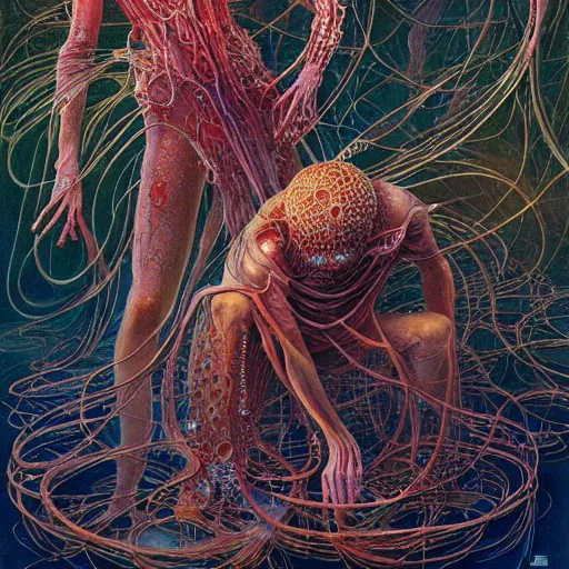 Prompt: realistic detailed image of Jellyfish People by Ayami Kojima, Amano, Karol Bak, Greg Hildebrandt, and Mark Brooks, Neo-Gothic, gothic, rich deep colors. Beksinski painting, part by Adrian Ghenie and Gerhard Richter. art by Takato Yamamoto. masterpiece