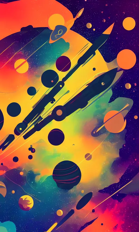 Prompt: a cosmic space scene with rockets and planets, cyberpunk color palette, minimalist abstract hd phone wallpaper, trending on behance
