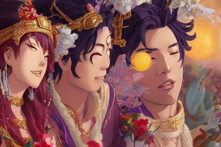 Image similar to close up moment of a divine a japan sun god and a moon goddess lovers magician at a wedding banquet, highly detailed, d & d, fantasy, 4 k realistic, digital painting, trending on artstation, concept art, sharp focus, illustration, art by makoto shinkai and akihiko yoshida and daniel gerhartz