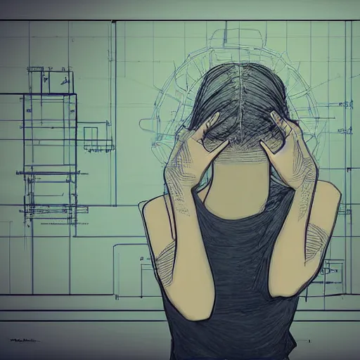 Image similar to Thinking engineer holds her head in hands, blueprints for various technical machines are on the desk, digital art, DeviantArt, illustration