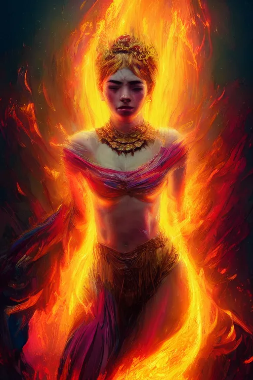 Prompt: a beautiful portrait of a goddess women engulfed in deep colourful flames by Greg Rutkowski, Sung Choi, Mitchell Mohrhauser, Maciej Kuciara, Johnson Ting, Maxim Verehin, Peter Konig, Bloodborne , 8k photorealistic, cinematic lighting, HD, high details, atmospheric , trending on artstation