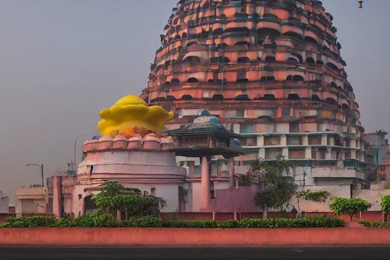 Image similar to beautiful dreamscape! biomorphic new delhi, hanuman!! head building, kalighat, octane sharp cinematic, stephen shore & john j. park, soft morning light, wide shot, high angle, uhd 8 k, shallow depth of field