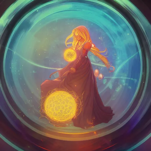 Prompt: portrait of a female mage with ball of orbs floating by her side, blueish aura by her side, dynamic pose, chromatic aberration, medium level shot, grim fantasy, illustration, mucha style, concept art,