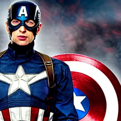 Prompt: “A still of Tony Hawk as Captain America in the film Captain America: The First Avenger, high definition”