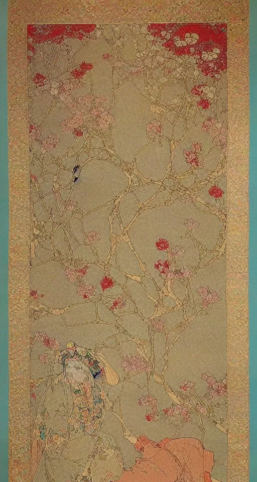 Image similar to Japanese style simple and elegant floral tapestry, Persian carpet, soft colors, by mucha