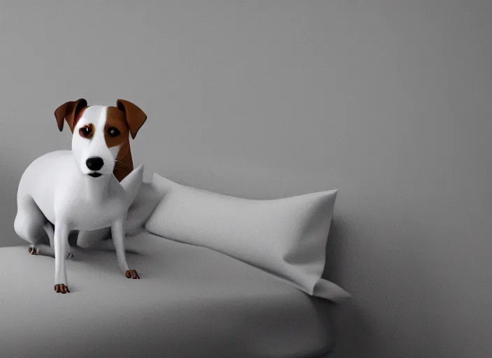 Image similar to photography of a Jack Russel . watching outside the window. on a bed. in a white room. octane render,volumetric light, volumetric fog, photorealistic,, award winning photo, 100mm, sharp, cloth, high res