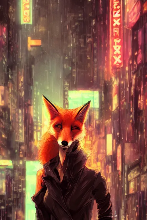 Image similar to beautiful portrait of a tall female anthro fox smoking a cigarette in a bustling crowd of a rainy city street, cyberpunk, harsh neon lights, highly detailed, digital painting, illustration, art by sakimichan, artgerm