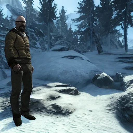 Prompt: Walter White in Skyrim, videogame screenshot