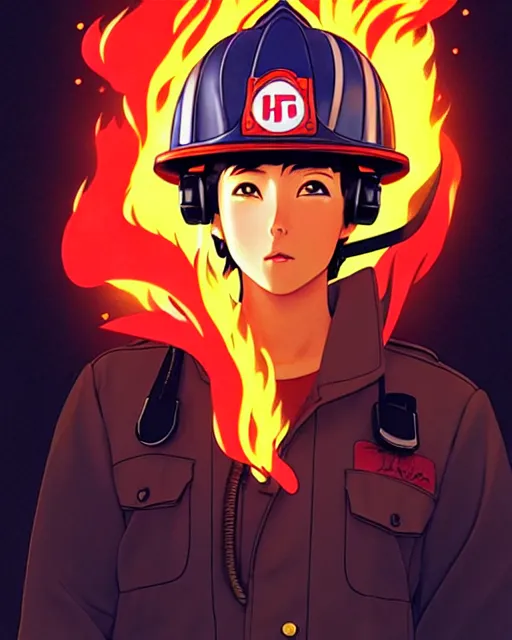 Image similar to fireman, fire helmet, flames background | | very very anime!!!, fine - face, audrey plaza, realistic shaded perfect face, fine details. anime. realistic shaded lighting poster by ilya kuvshinov katsuhiro otomo ghost - in - the - shell, magali villeneuve, artgerm, jeremy lipkin and michael garmash and rob rey