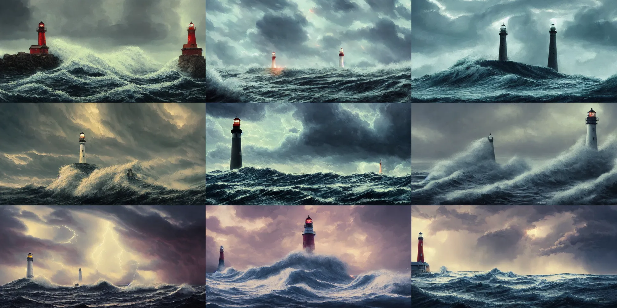 Prompt: a beautiful painting by roger deakins and moebius and alphonse much and guweiz and hiroshi yoshida of a lighthouse during a storm, stormy clouds and lightnings, huge waves crashing on the lighthouse, epic, fantasy, high definition, cinematic shot, artstation