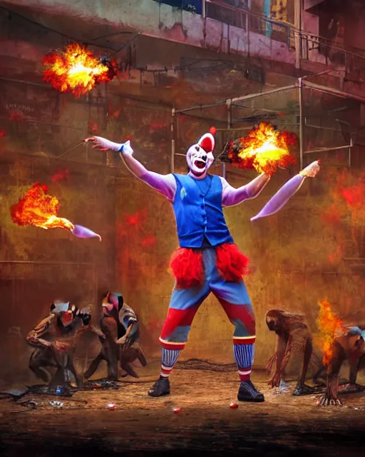 Image similar to a clown juggles fireballs infront of a crowd of baboons, in a cyberpunk interior. there are wires and glitched screens everywhere. piles of food trash. painted by hr geiger