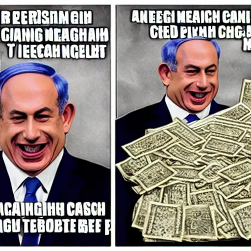 Image similar to benjamin netanyahu laughing maniacally counting piles of cash