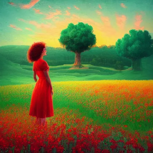 Prompt: giant red flower afro, girl standing in a field with flowers, surreal photography, hills, big trees, sunrise dramatic light, impressionist painting, colorful clouds, digital painting, pointillism, artstation, simon stalenhag