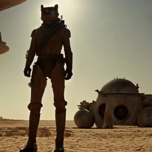 Prompt: Bossk standing in front of his ship on tatooine, movie still, cinematic