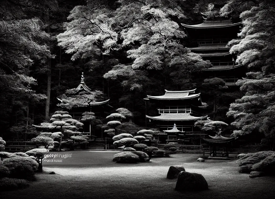 Image similar to realistic forest with an ancient Japanese shrine at night, Monochrome