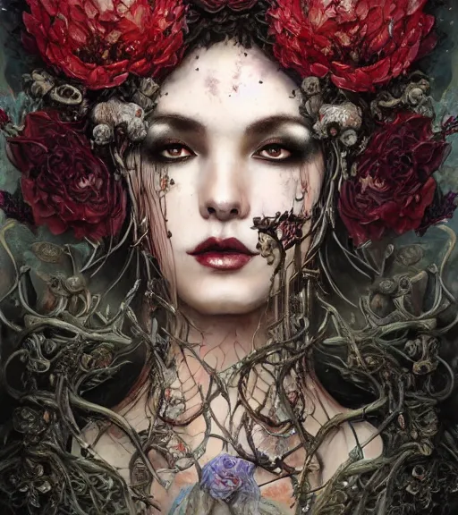 Prompt: portrait of the supreme queen of the blood cult, surrounded by skulls and overgrowth and dark flowers by karol bak, Akihiko Yoshida, Yoshitaka Amano,Marc Simonetti, WLOP, James Jean!, tom bagshaw, rococo, trending on artstation, fantasy magic fashion queen, glossy eyes, face, elegant, highly detailed, digital painting, concept art, smooth, sharp focus, illustration, cinematic lighting, hyper realism, octane render, 8k, hyper detailed.