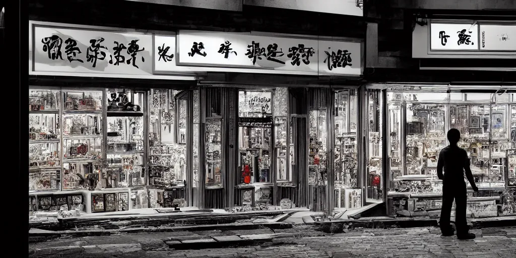 Image similar to a shop window in hong kong, by dan mumford and peter doig and edward hopper, minimal, black in, thick lines highly detailed, dramatic lighting, 8 k