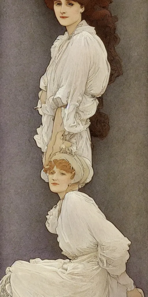 Image similar to a young edwardian woman wearing a white blouse and a grey skirt, in the style of mucha