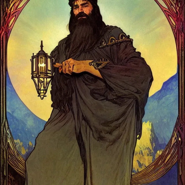 Image similar to an aesthetic! a detailed portrait of a man in a long beard, with a crown, holding a lantern with mountains of gold in the background, surrounded by his family, by frank frazetta and alphonse mucha, oil on canvas, art nouveau dungeons and dragons fantasy art, hd, god rays, ray tracing, crisp contour lines, huhd