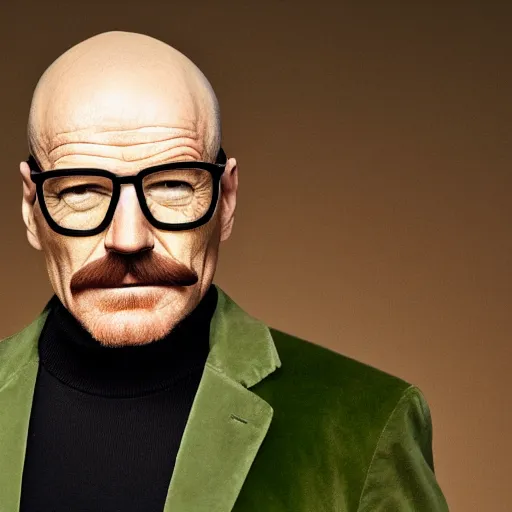 Prompt: Bald Bryan Cranston with a mustache and with aviators and a grey beanie while wearing a black turtleneck and plaid green blazer with golden chains around his neck, Realistic, Hyperrealistic, HD Quality, 4k Resolution, 8k Resolution, Detailed, Very Detailed, Highly Detailed, Studio Quality Lighting, Real Life, Portrait, Photograph