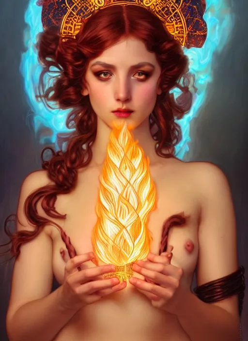 Prompt: the greek goddess hestia, hair made of fire, steampunk, glowing eyes, beautiful eyes, volumetric lights, red and cyan theme, art nouveau botanicals, intricate, highly detailed, digital painting, artstation, concept art, smooth, sharp focus, cinematic, illustration, beautiful face, art by artgerm and greg rutkowski and alphonse mucha