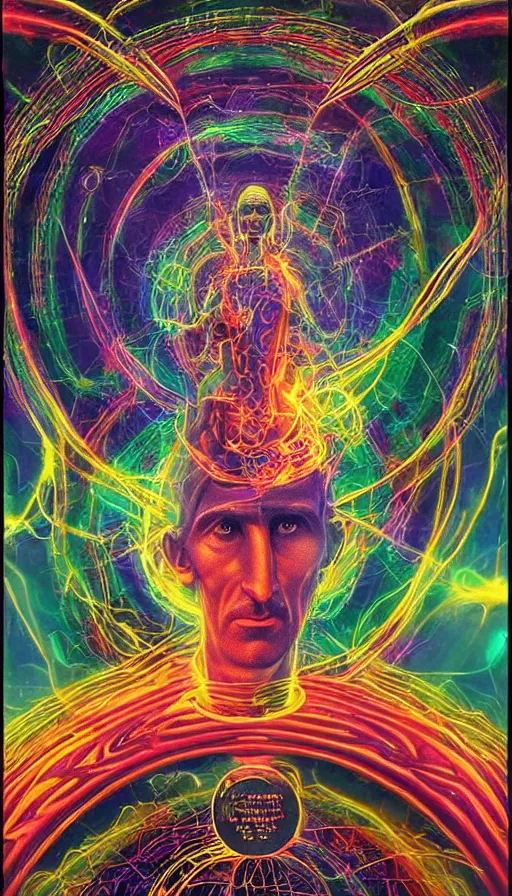 Image similar to nikola tesla, psytrance artwork, with octane, with lsd, with dmt, cosmic awakening, infinite universe