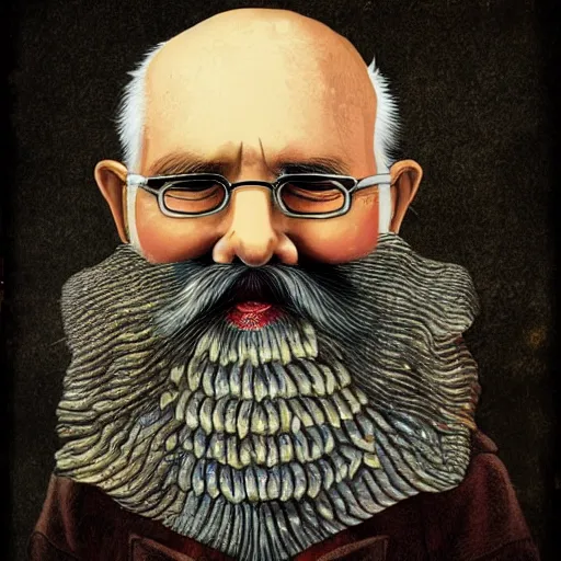 Prompt: old man with a beard full of fish, lowbrow surrealistic, in the style of mark ryden,