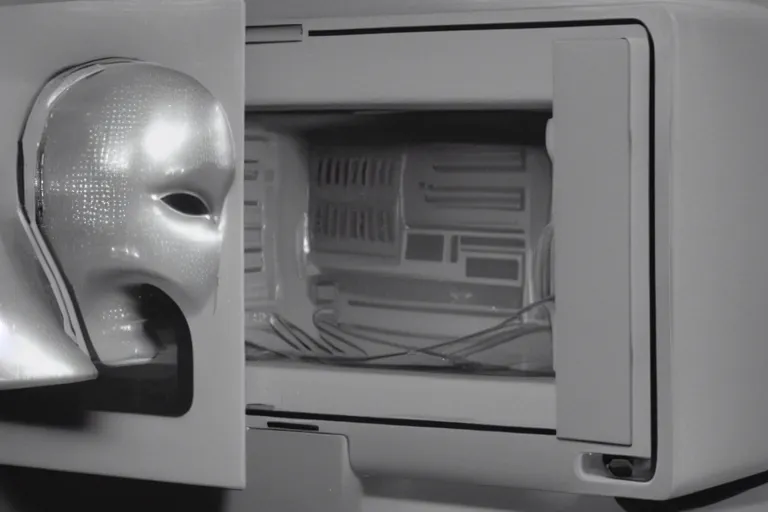 Image similar to retro robot sticking her head inside of a microwave, from 1985, bathed in the glow of a crt television, low-light photograph, in the style of jack bridgeland