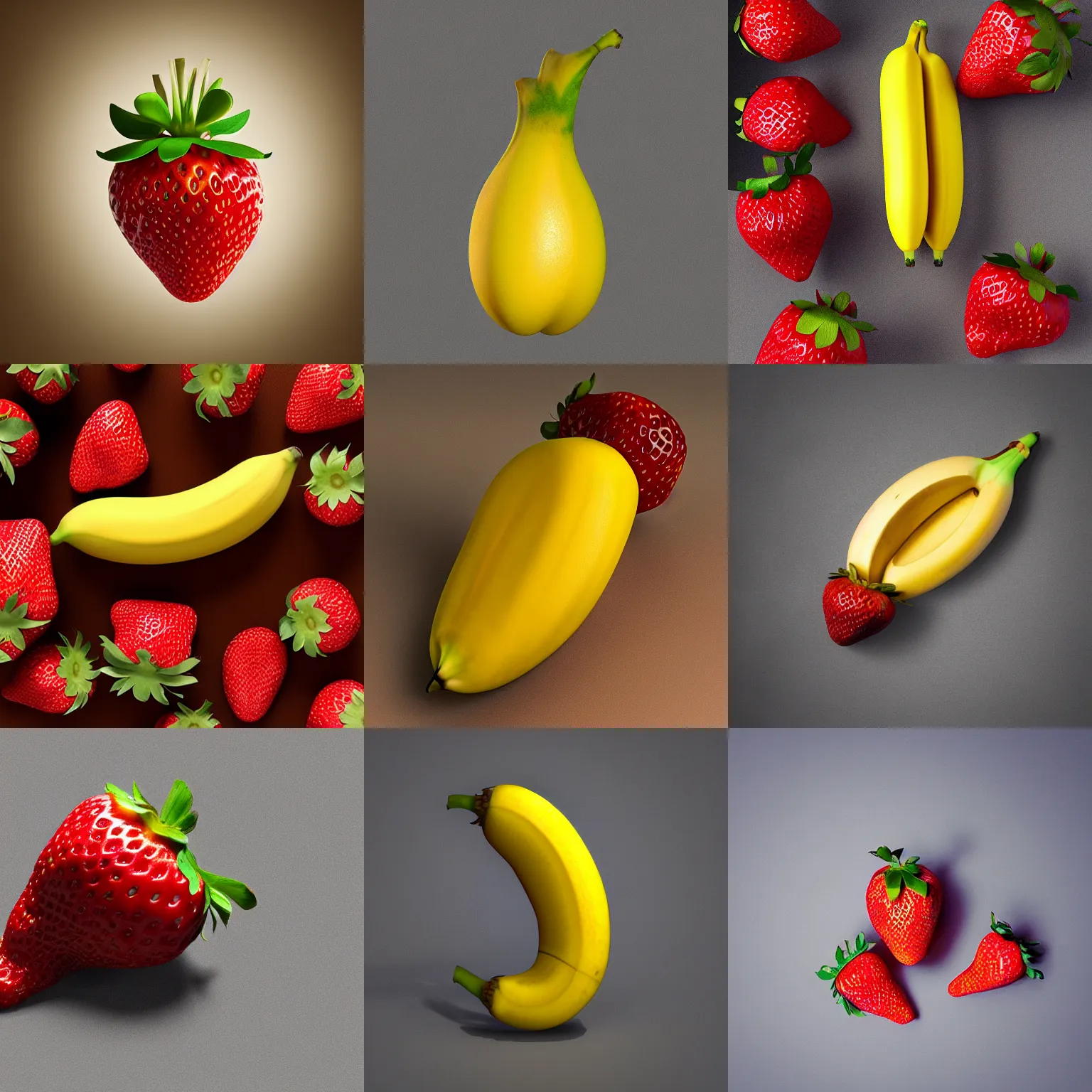 Prompt: studio photo of a banana shaped strawberry, digital render