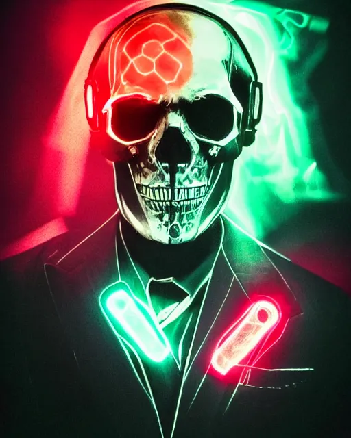 Prompt: dramatic cyberpunk portrait of a skull in a suit, crystalline, red glow, green glow, blue glow, atmospheric haze, intense shading, optic ripple, backlit, bokeh, centered