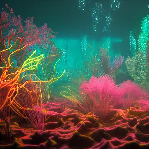 Prompt: an underwater alien ocean, filled with bioluminescence, twirling glowing sea plants, neon colors, and a mystical misty glow, ethereal