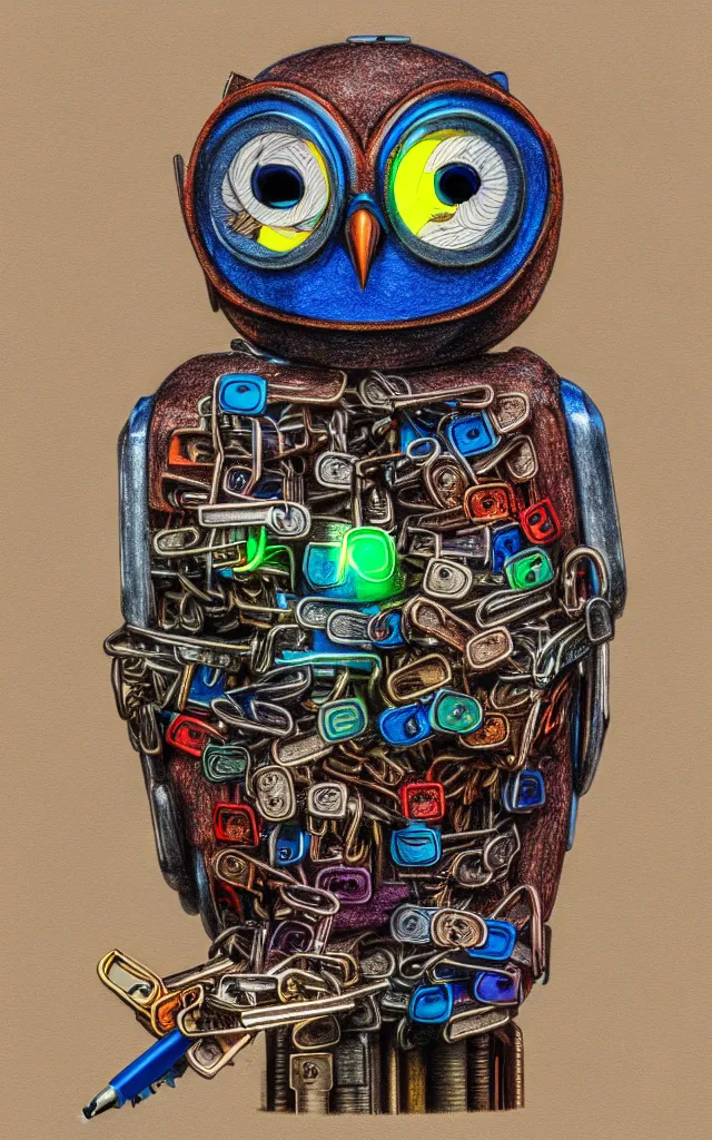 Image similar to colored pencil and pen drawing of an animatronic robot owl - bird made from rusty old keys and padlocks, 4 k photorender realityengine