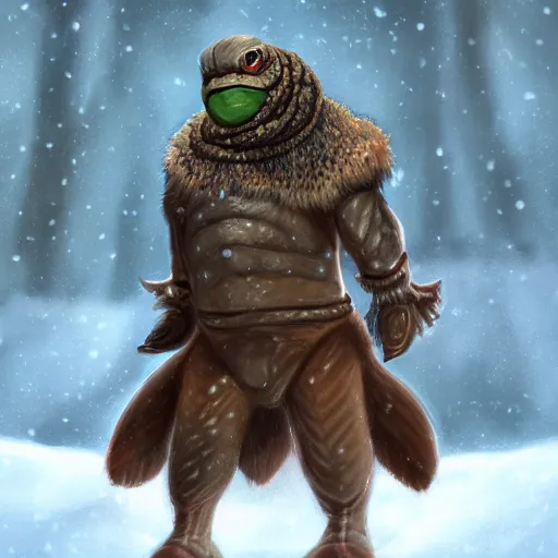 Prompt: anthropomorphic turtle humanoid, carapace, azamat khairov, blizzard, winter, night, furs, fantasy